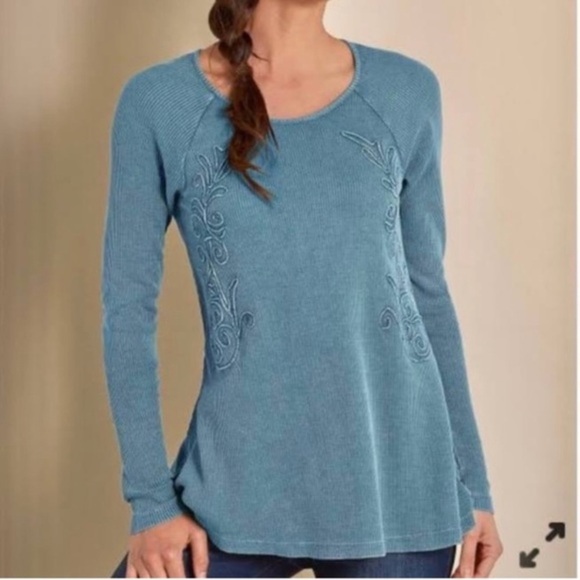 Soft Surroundings Camden Teal Thermal Waffle Weave Embroidery Long Sleeve Top - Picture 1 of 8